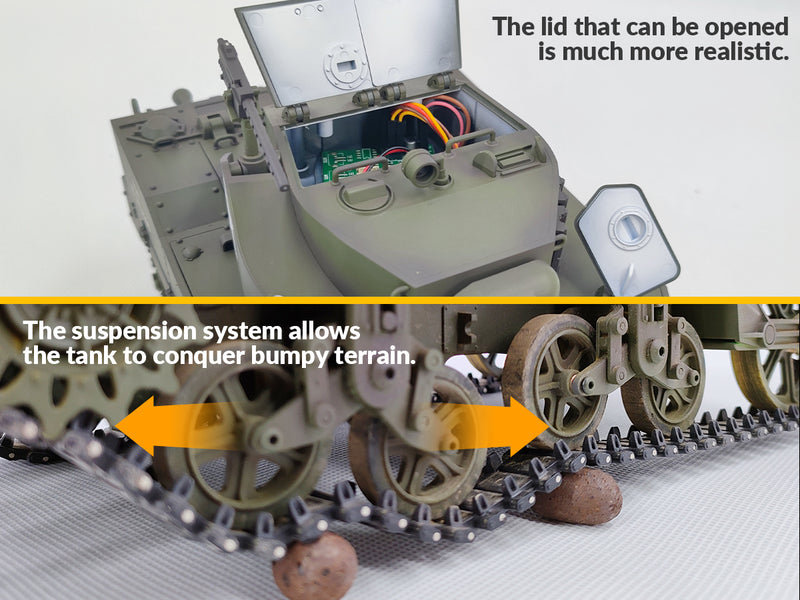 RACENT 1:16 RC タンク US M5A1 スチュアート、スモーク付き、バレルリフティング、砲塔回転 360 度、射撃禁止