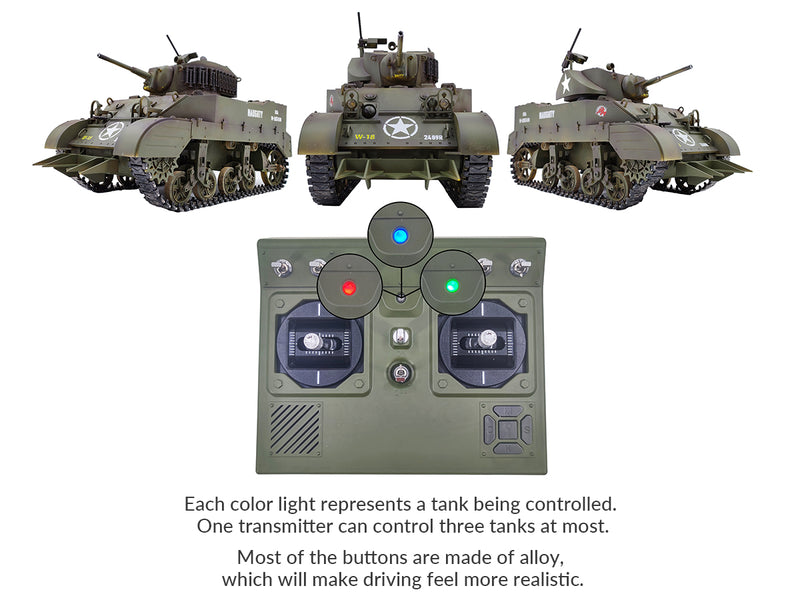 RACENT 1:16 RC タンク US M5A1 スチュアート、スモーク付き、バレルリフティング、砲塔回転 360 度、射撃禁止