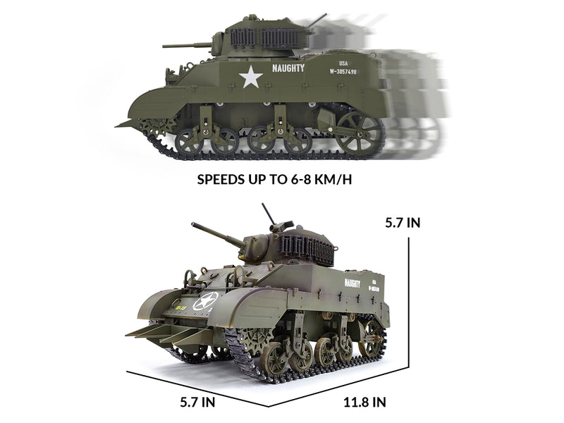 RACENT 1:16 RC タンク US M5A1 スチュアート、スモーク付き、バレルリフティング、砲塔回転 360 度、射撃禁止