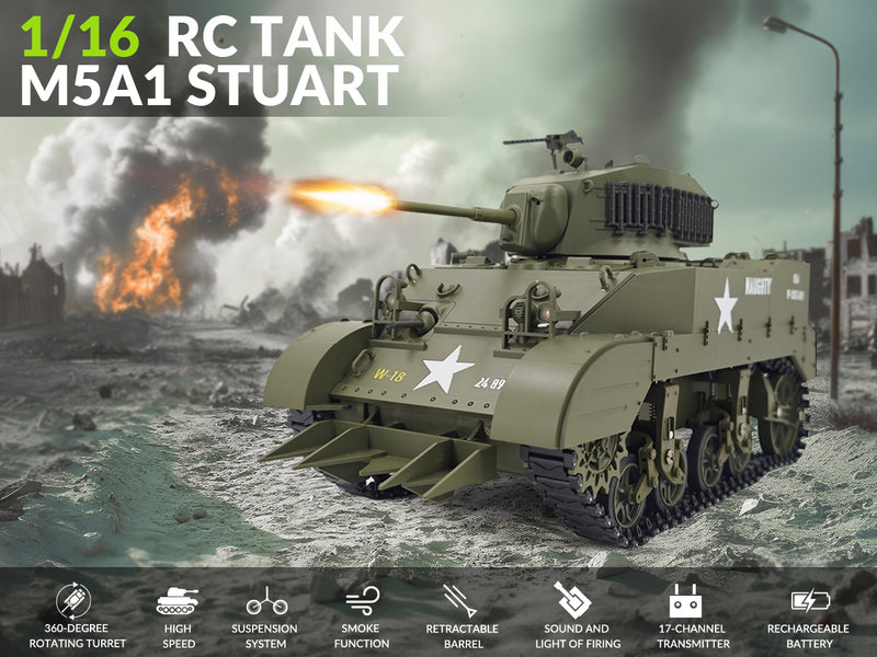RACENT 1:16 RC タンク US M5A1 スチュアート、スモーク付き、バレルリフティング、砲塔回転 360 度、射撃禁止