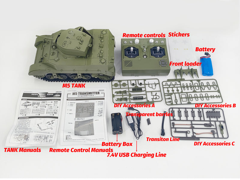 RACENT 1:16 RC タンク US M5A1 スチュアート、スモーク付き、バレルリフティング、砲塔回転 360 度、射撃禁止