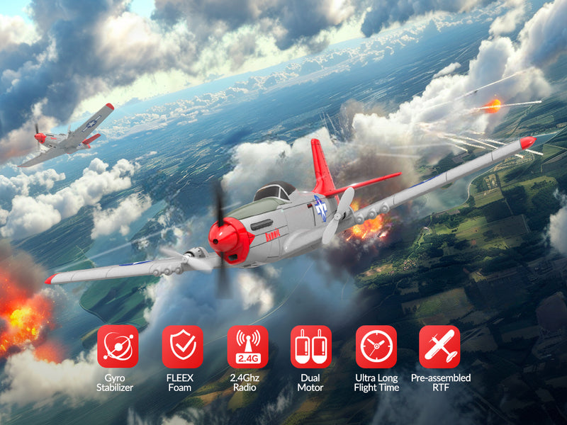 VOLANTEXRC P-51D Mustang 4-Chビギナー飛行機(Xpilotスタビライザー付き)-ワンキー曲技飛行(761-5)RTF
