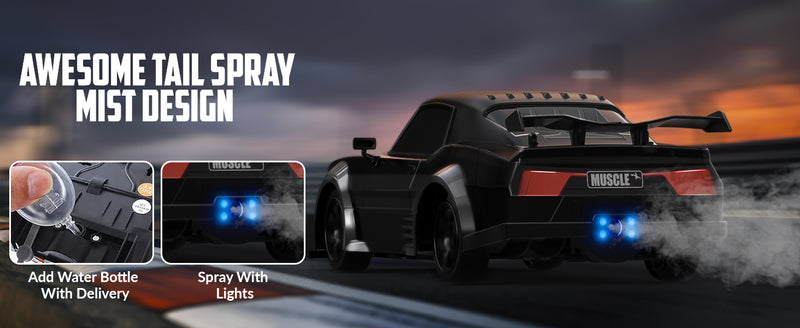 RACENT 1:16 RC ドリフトカー、2.4Ghz 4WD 18KM/H リモートコントロールカー、スプレーミスト付き、バッテリー 2 本