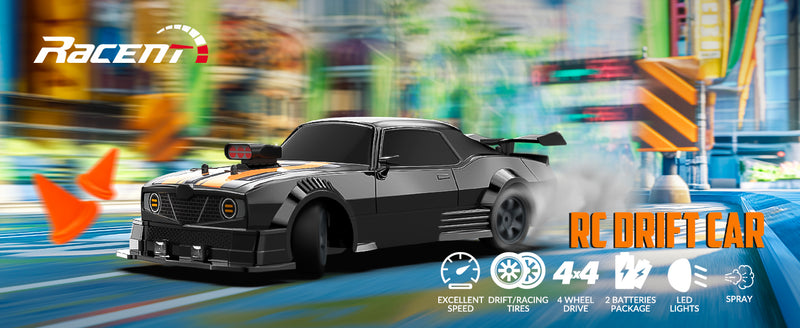 RACENT 1:16 RC ドリフトカー、2.4Ghz 4WD 18KM/H リモートコントロールカー、スプレーミスト付き、バッテリー 2 本