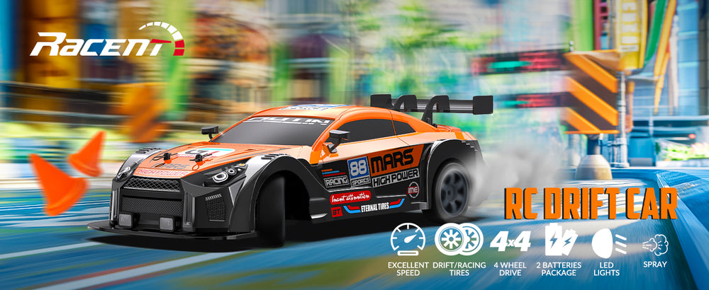 RACENT 1:16 RC ドリフトカー 4WD 18KM/H、バッテリー 2 本、スポーツモデルおもちゃの車両、子供、男の子、大人用