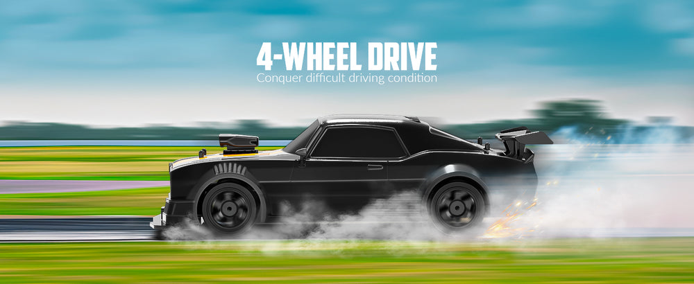 RACENT 1:16 RC ドリフトカー、2.4Ghz 4WD 18KM/H リモートコントロールカー、スプレーミスト付き、バッテリー 2 本