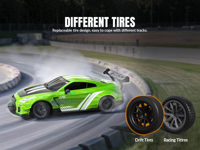 Racent 1:20 RCドリフトカー4WD、LEDライト、2つのバッテリー、デュアルモーターグリーン