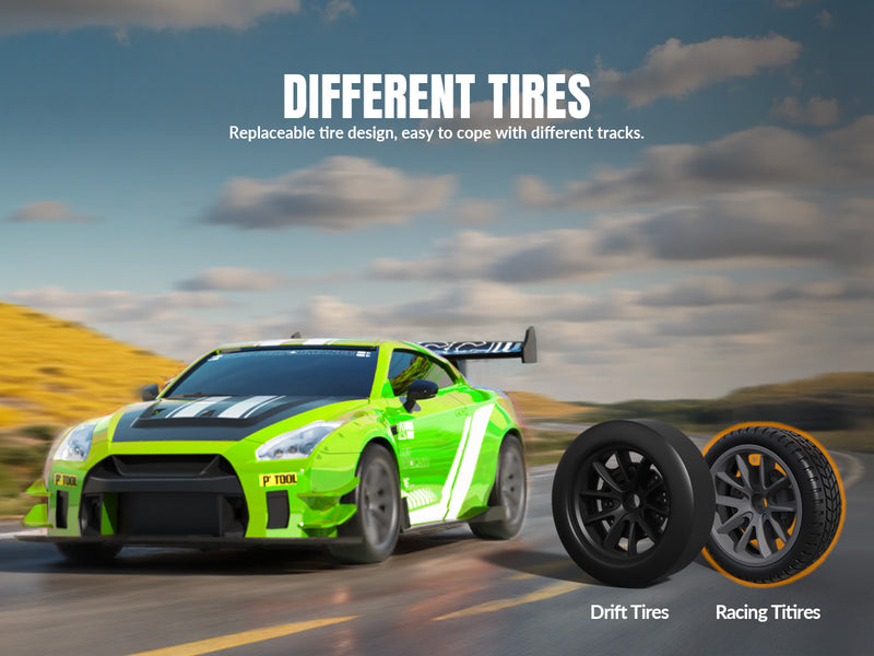 Racent 1:20 RCドリフトカー4WD、LEDライト、2つのバッテリー、デュアルモーターグリーン