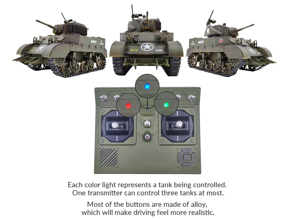 RACENT 1:16 RC タンク US M5A1 スチュアート、スモーク付き、バレルリフティング、砲塔回転 360 度、射撃禁止