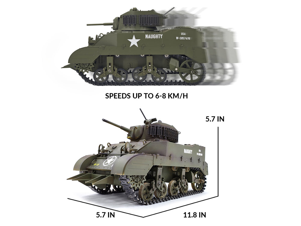 RACENT 1:16 RC タンク US M5A1 スチュアート、スモーク付き、バレルリフティング、砲塔回転 360 度、射撃禁止