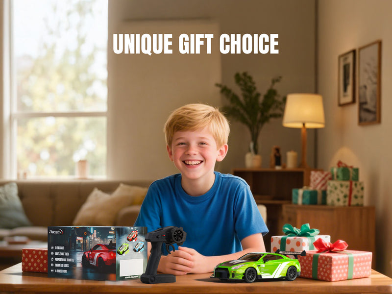 Racent 1:20 RCドリフトカー4WD、LEDライト、2つのバッテリー、デュアルモーターグリーン