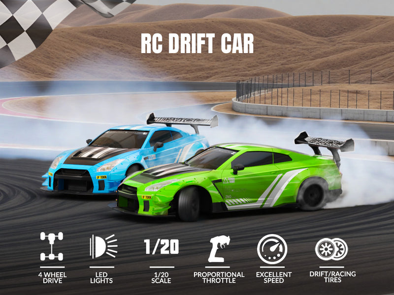 Racent 1:20 RCドリフトカー4WD、LEDライト、2つのバッテリー、デュアルモーターグリーン