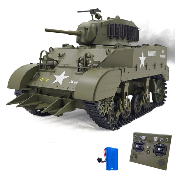 RACENT 1:16 RC タンク US M5A1 スチュアート、スモーク付き、バレルリフティング、砲塔回転 360 度、射撃禁止