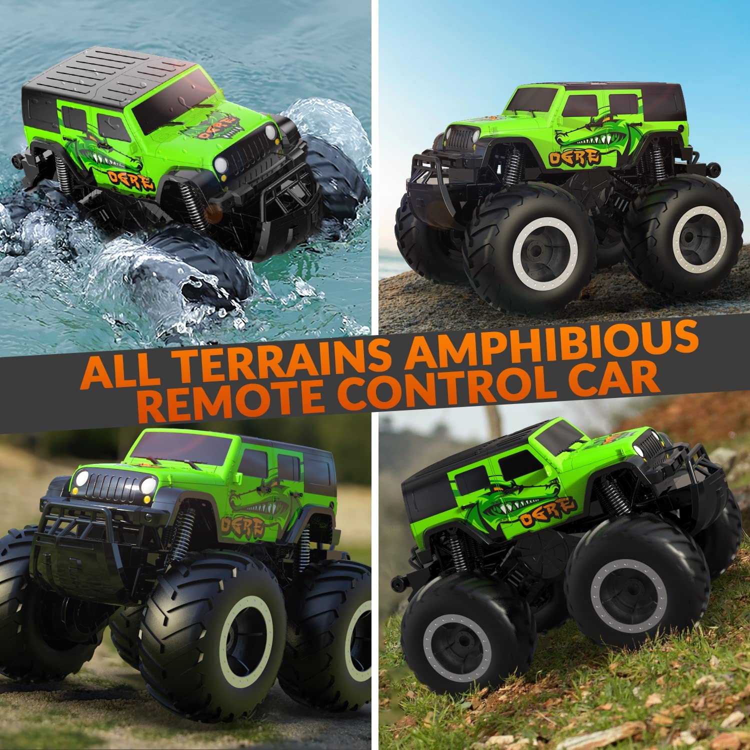 Amphibious Remote Control Car All Terrain Off-Road Waterproof RC Monster Truck for Kids (Green)-EXHOBBY LIMITED.