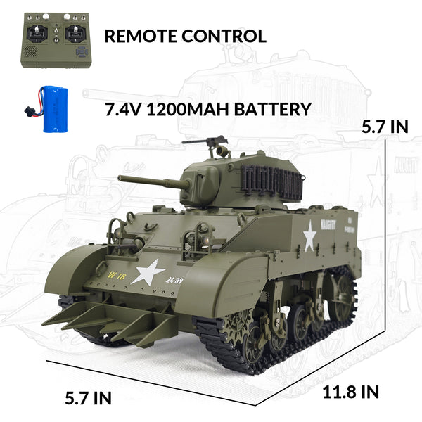 RACENT 1:16 RC タンク US M5A1 スチュアート、スモーク付き、バレルリフティング、砲塔回転 360 度、射撃禁止