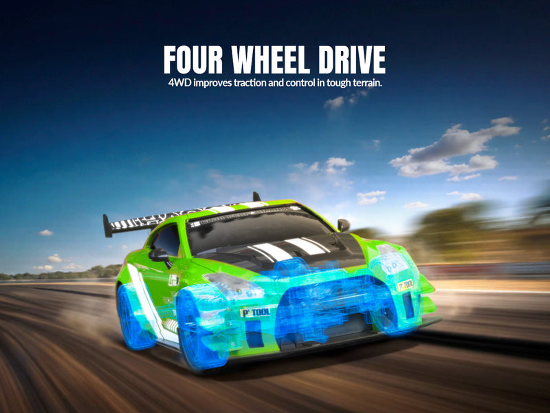 Racent 1:20 RCドリフトカー4WD、LEDライト、2つのバッテリー、デュアルモーターグリーン