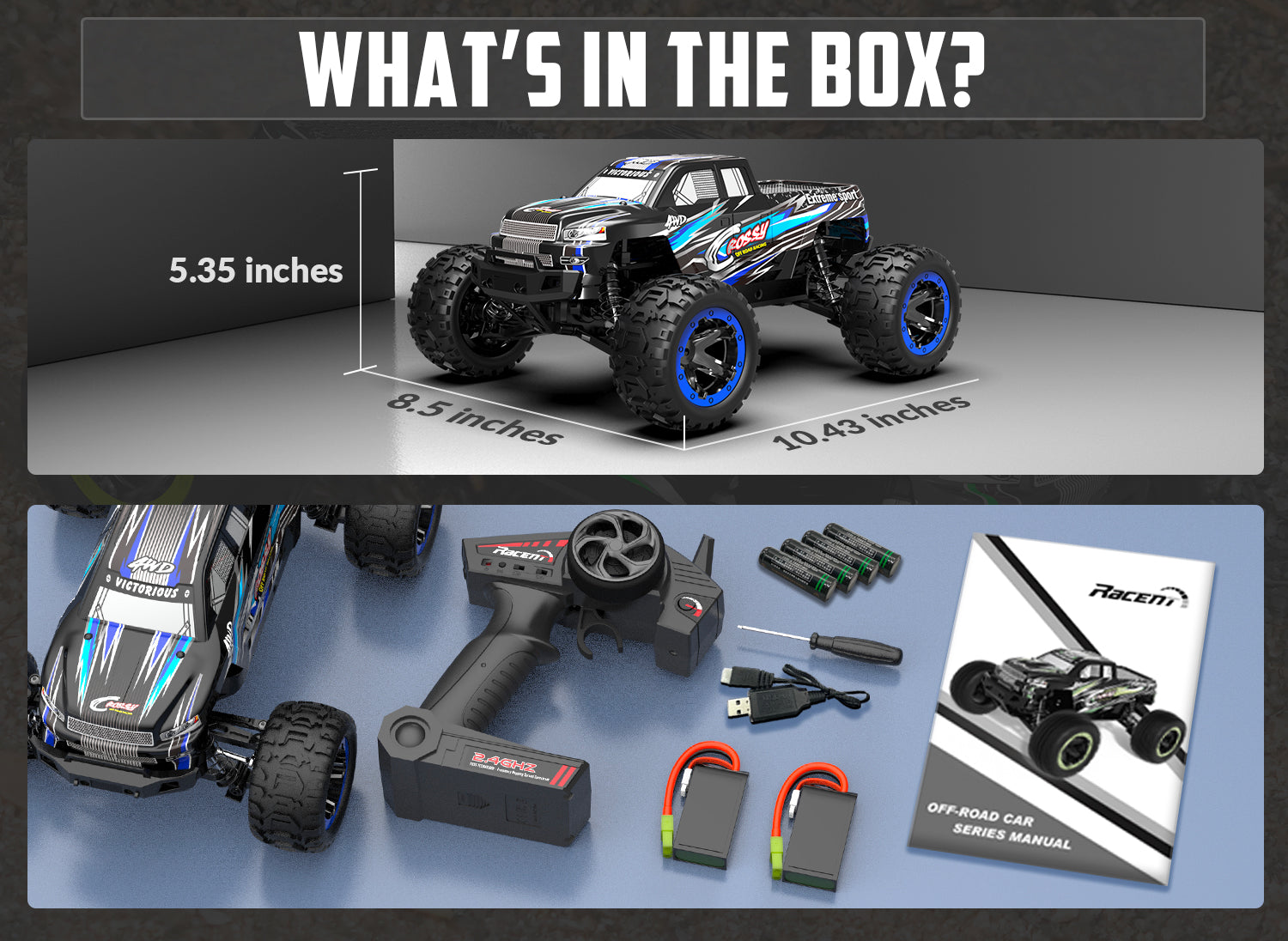 Racent Remote Control Car 4WD Off-Road RC Monster Truck 1:16 Scale 30MPH High Speed All Terrain RC Vehicle for Kids or Adults (785-5) (Blue).