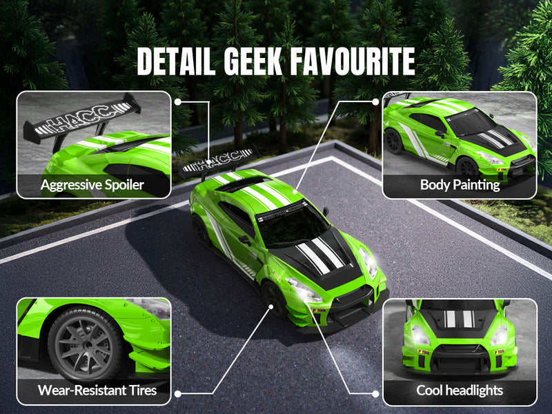 Racent 1:20 RCドリフトカー4WD、LEDライト、2つのバッテリー、デュアルモーターグリーン