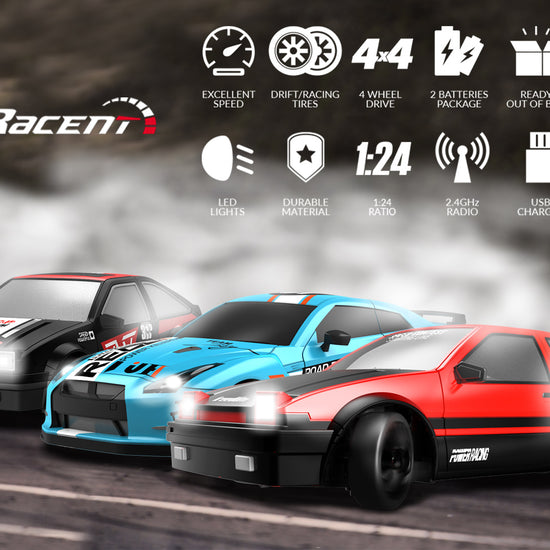 RACENT Drift Master: 1:24 Scale 4WD RC Car, 10MPH with LED Lights, Racing & Drifting Wheels-EXHOBBY LIMITED.