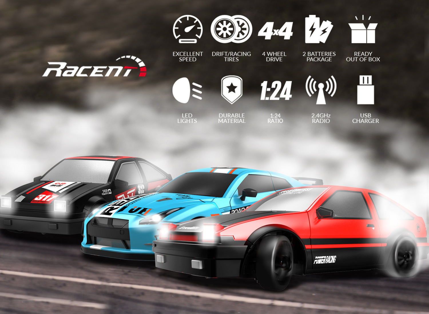 RACENT Drift Master: 1:24 Scale 4WD RC Car, 10MPH with LED Lights, Racing & Drifting Wheels-EXHOBBY LIMITED.