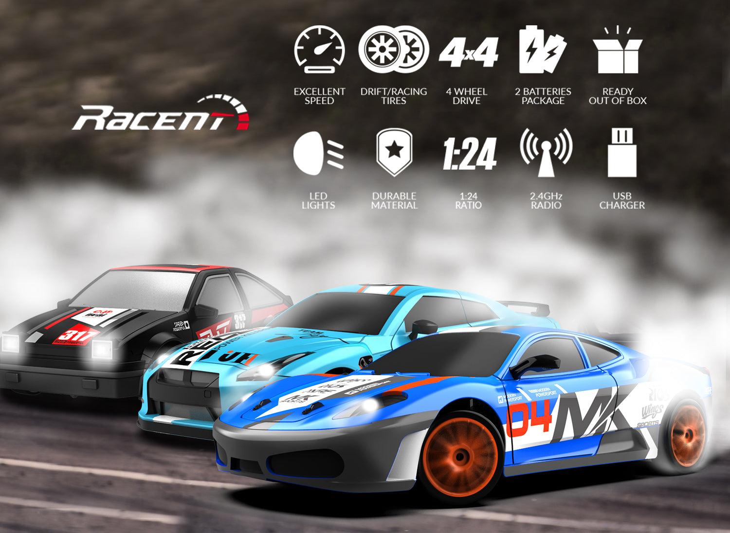 RACENT Speedster: 1:24 RC Car, 10MPH, LED, Drift Wheels-EXHOBBY LIMITED.