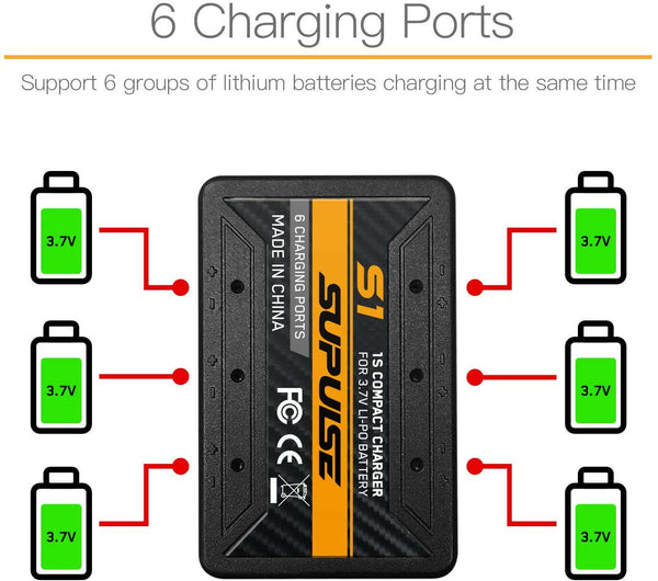 SUPULSE 6-in-1 Lipo Battery Charger 3.7V 1S 1 Cell Micro 6 Ports Compact Charger (S1) - EXHOBBY