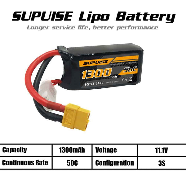 SUPULSE 2pcs 11.1V 3S 1300mAh 50C Lipo Battery with XT60 Plug EXHOBBY.